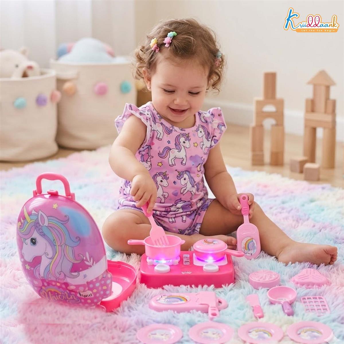 Kriiddaank Unicorn Backpack Kitchen Set for Kids - 21 Pcs Pretend Play Cooking & Baking Toy with Music - Portable Chef Suitcase Gift for Girls & Boys Age 3+ - Educational Role Play Kitchen Kit