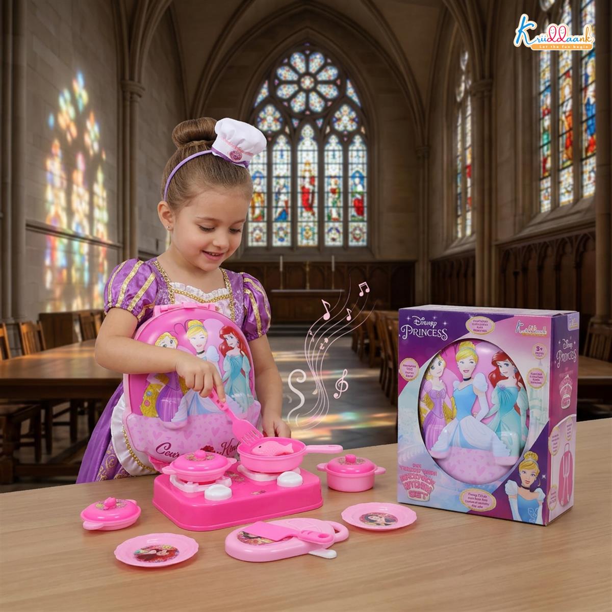 Disney Princess Backpack Kitchen Gift Set for Kids - 21 Pcs Pretend Play Cooking Toy with Music, 2-in-1 Portable Backpack Kitchen Set for Girls, Includes Accessories, Pink, Ages 3+