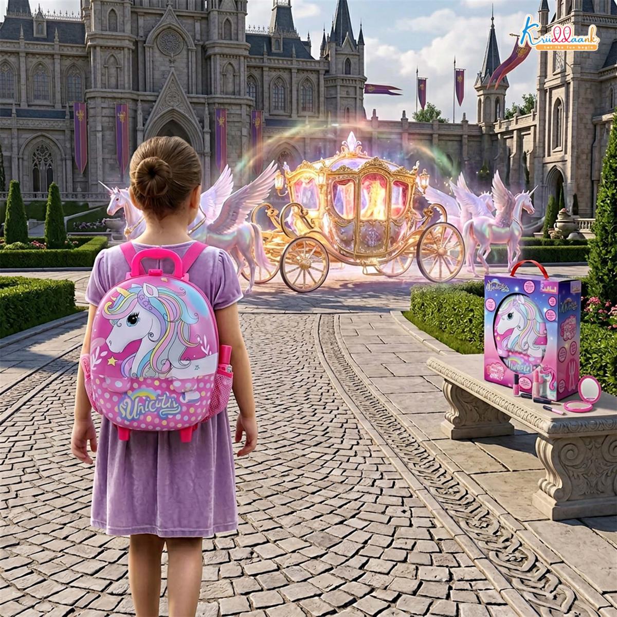 Unicorn Backpack Dressing & Makeup Gift Set for Kids - 2-in-1 Portable Trolley Pretend Play Vanity Kit with Electronic Hair Dryer & 13 Accessories - Ideal Birthday Gift for Girls 3+ Years