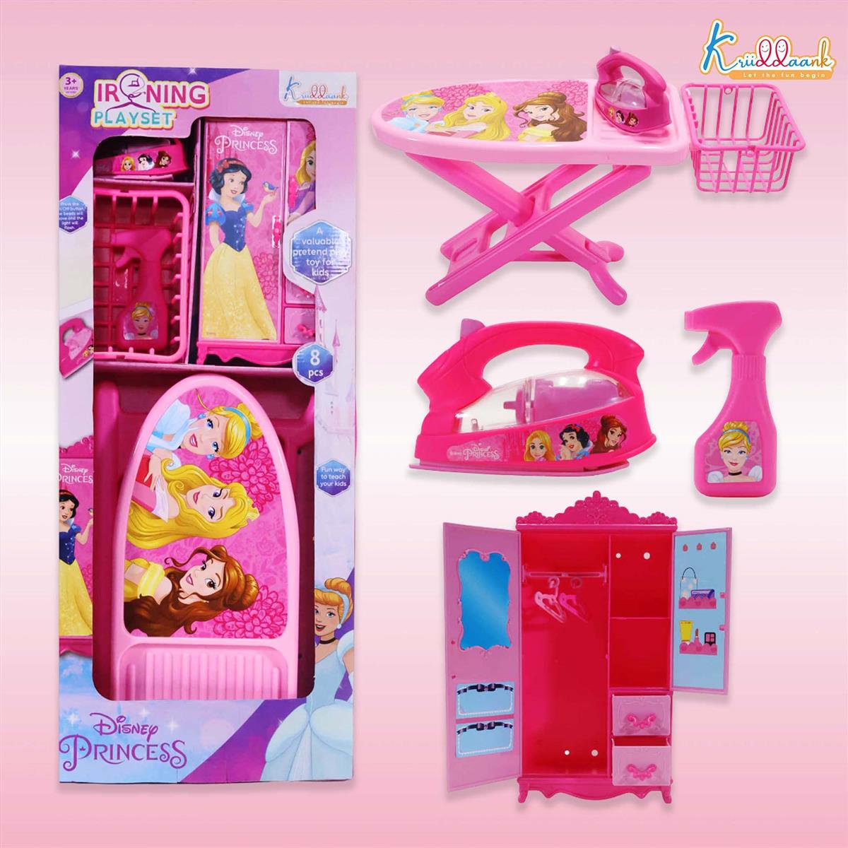 Disney Princess Iron Playset for Girls â€“ 8-Piece Pretend Play Laundry & Ironing Set with Realistic Light & Sound â€“ Includes Ironing Board, Basket, & Hangers â€“ Educational Toy for Kids Age 3+