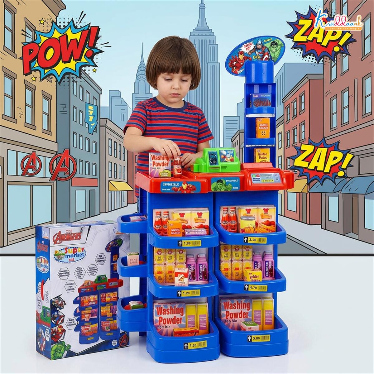 Marvel Avengers Supermarket Play Set for Kids - Electronic Cash Register with Sound, Checkout Counter, Shopping Cart & 20 Accessories | Realistic Grocery Role Play Toy for Kids Ages 5+
