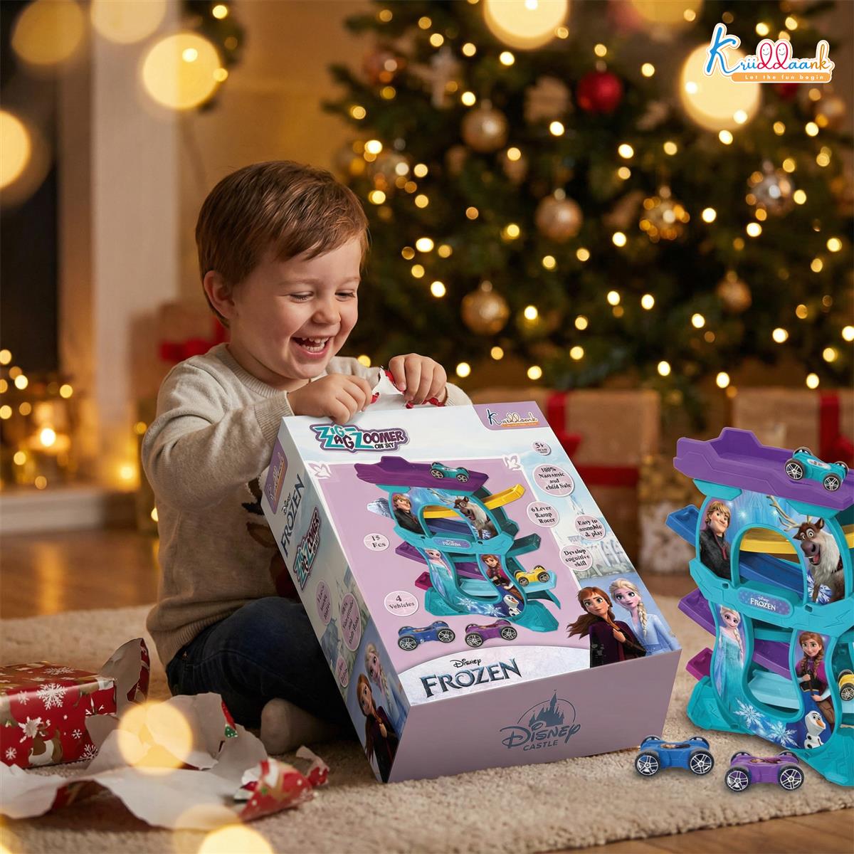 Frozen Zig Zag Zoomer Ramp Racer Car Track for Toddlers - 6-Level Lever Race Track with 4 Mini Vehicles - Educational Building Set for Kids 3+ - Non-Toxic & Safe (15 Pieces)