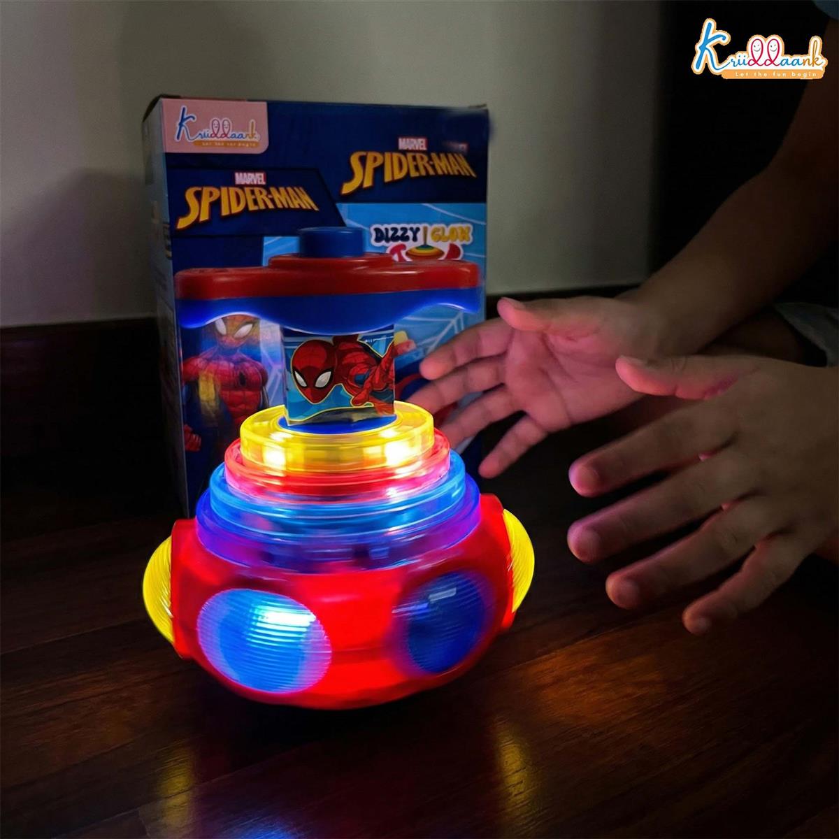 Dizzy Glow Top - Spiderman Musical Spinning Toy with Vibrant Flashing Lights & 360 Degree Rotation, Safe Rounded Edges, Battery Operated Fun for Kids Aged 3+ Years - Blue