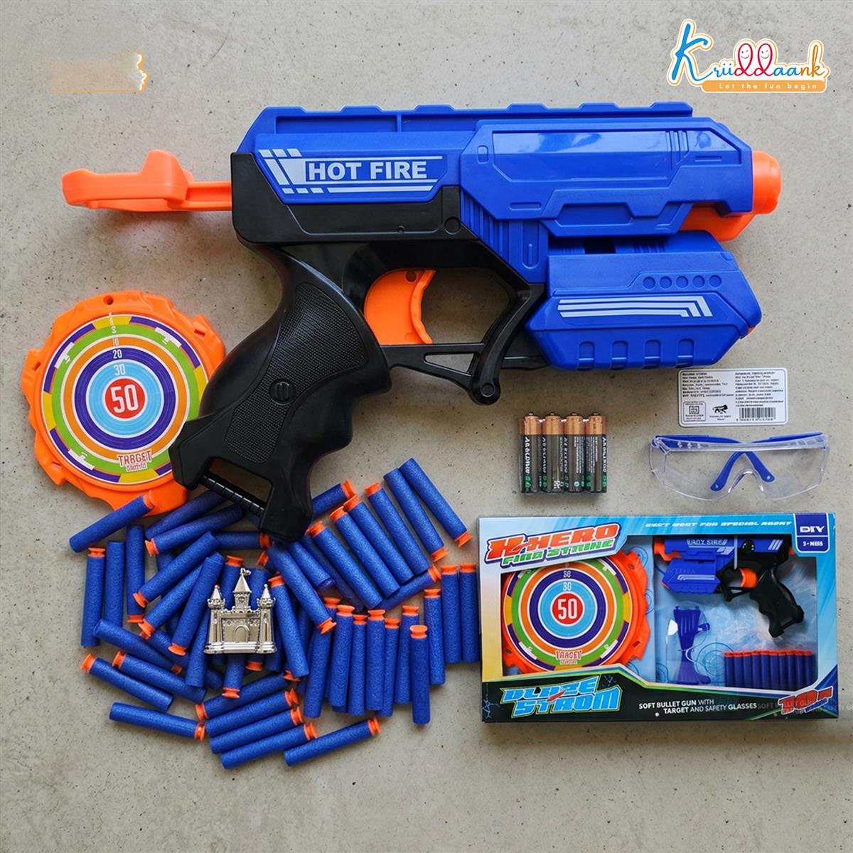 Kriiddaank X Hero Soft Bullet Blaster Gun Toy for Kids with 10 Foam Darts, Target Board, and Safety Glasses | Long Range Single-Shot Shooting Playset | Ideal Gift for Boys & Girls 3+ Years