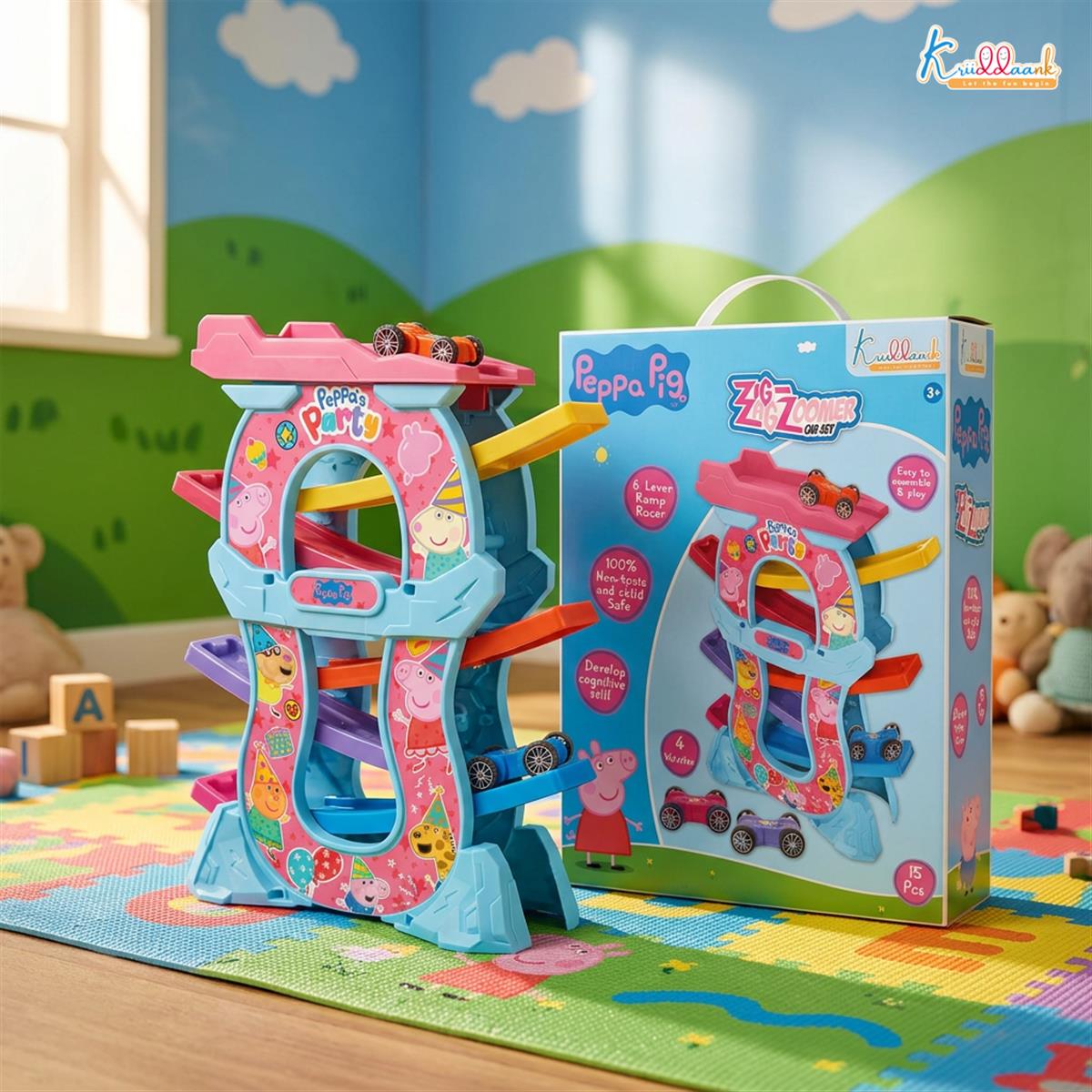 Peppa Zig Zag Zoomer Ramp Racer Car Track for Toddlers | 6-Level Racing Set with 4 Mini Vehicles | 15 Pieces Easy Assembly | Non-Toxic Educational Toy for Kids 3+ Years