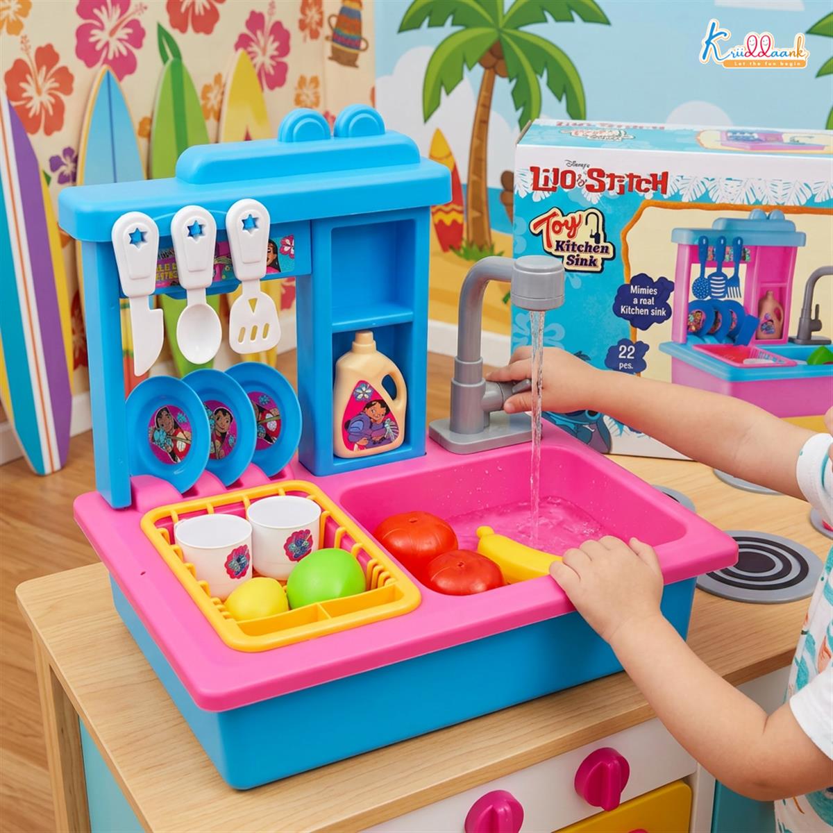 Stitch Toy Kitchen Sink Playset with Electric Faucet & Running Water - 22 Pcs Pretend Play Dish Washing Set for Kids, Kitchen Accessories, Realistic Role Play Toy for Boys & Girls 3+ Years