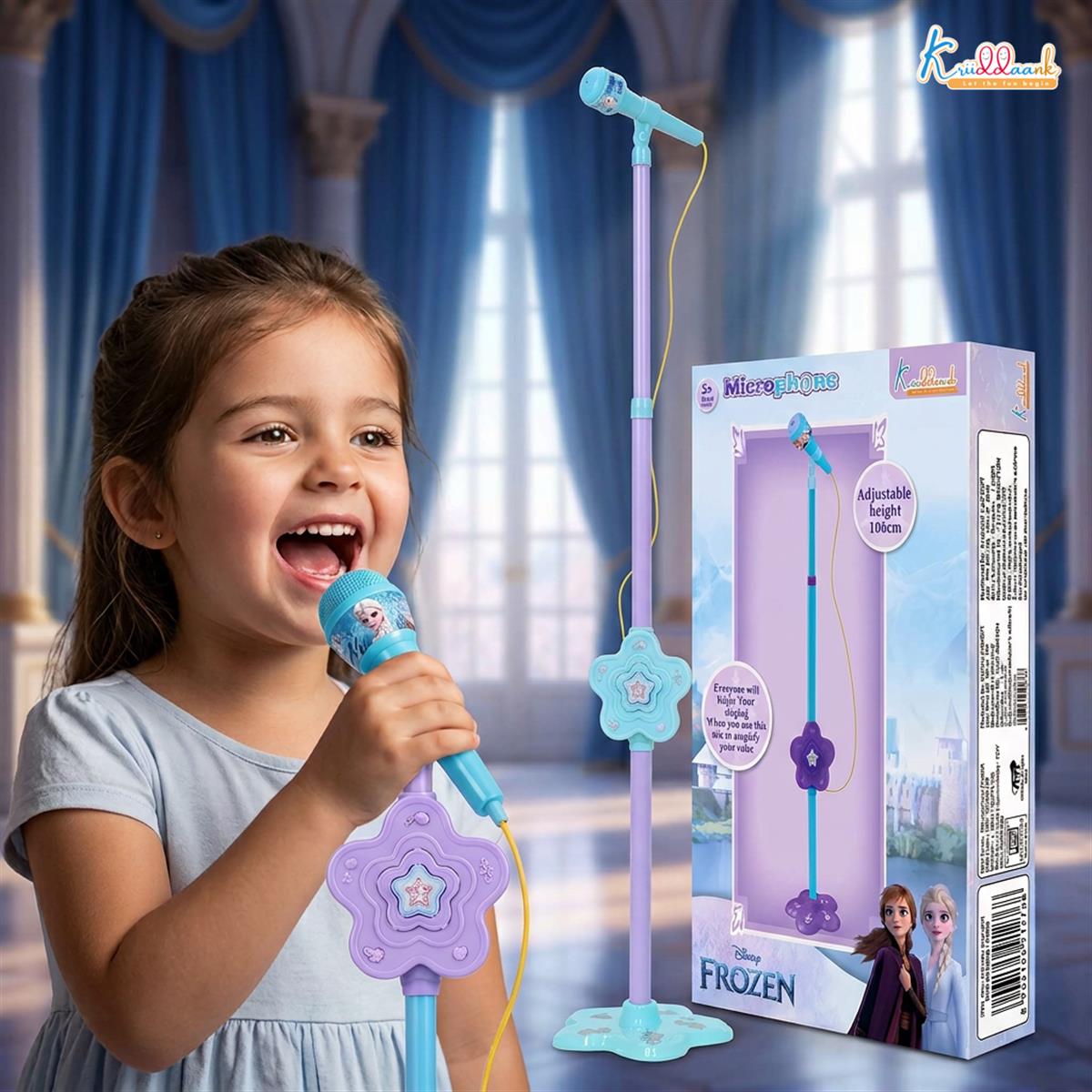 Kriiddaank Frozen Theme Karaoke Microphone with Adjustable Stand for Kids - Elsa & Anna Portable Wireless Singing Toy, Bluetooth & USB Connectivity, Educational Music Toy for Girls & Boys Ages 3+