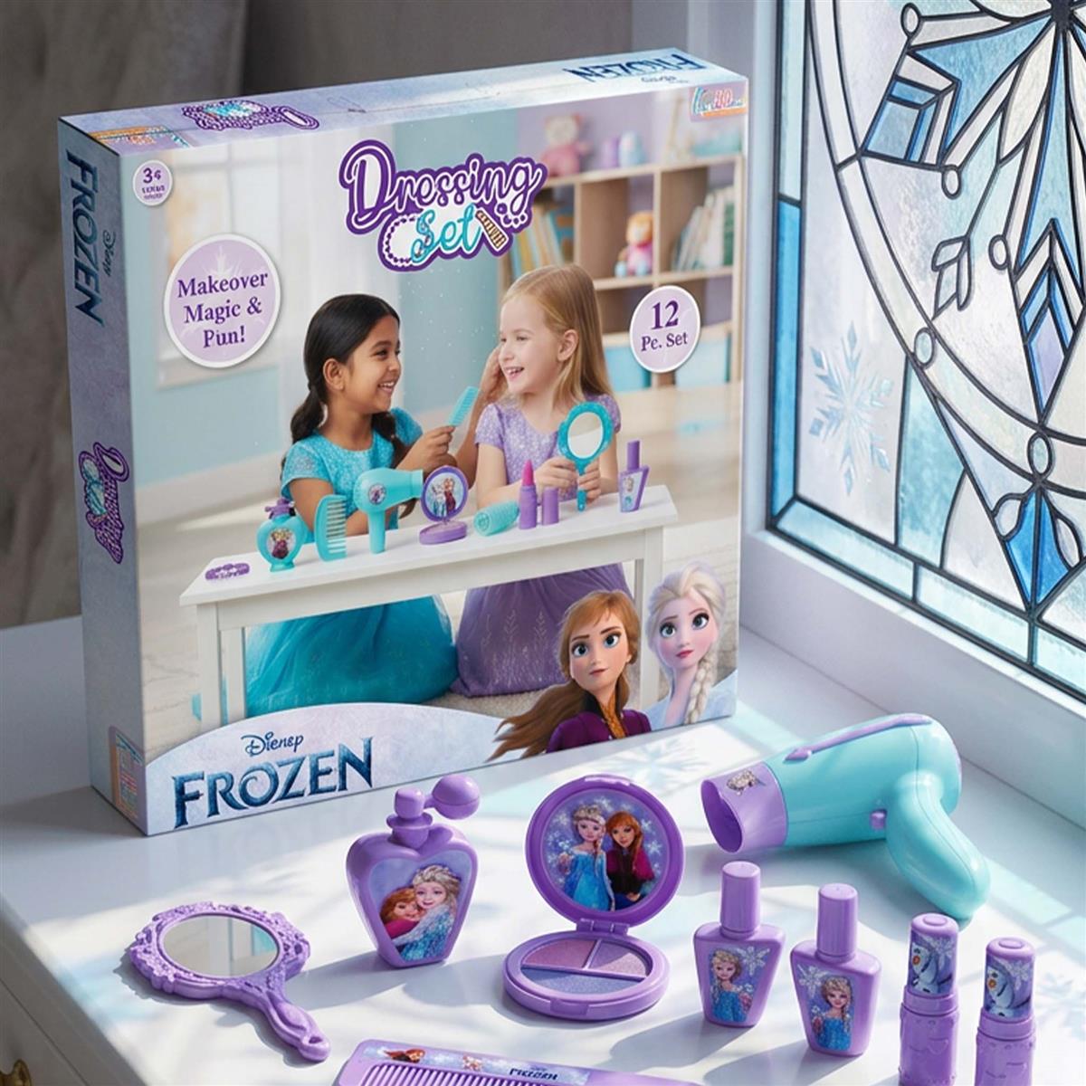 Kriiddaank Frozen Dressing Set for Kids - Non-Electronic Princess Makeup & Beauty Accessories Play Set, Styling Kit for Girls, Pretend Role Play Toy for Age 3+ Years, 11+ Pieces, Turkish Blue