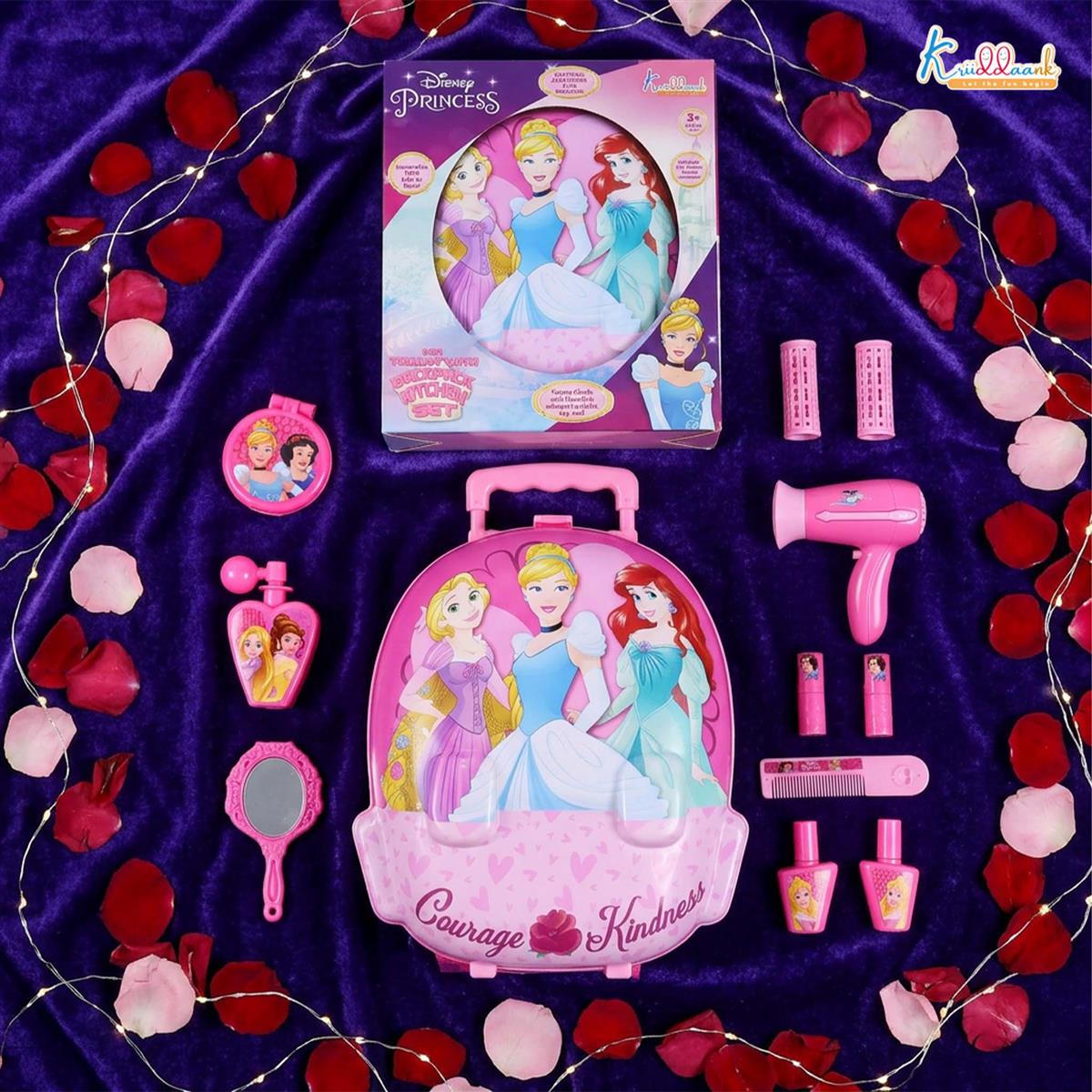 Disney Princess 2-in-1 Backpack Dressing Table & Trolley Gift Set for Kids - 13 Pcs Pretend Play Makeup Kit with Electronic Dryer - Portable Vanity Toy for Girls Age 3+
