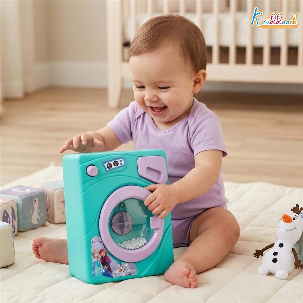 Frozen Family Mini Washing Machine Toy for Toddlers - Interactive Home Appliance with Lights & Sounds, Educational Pretend Play Laundry Set for Kids Ages 3+, Battery Operated (Turkish Blue)