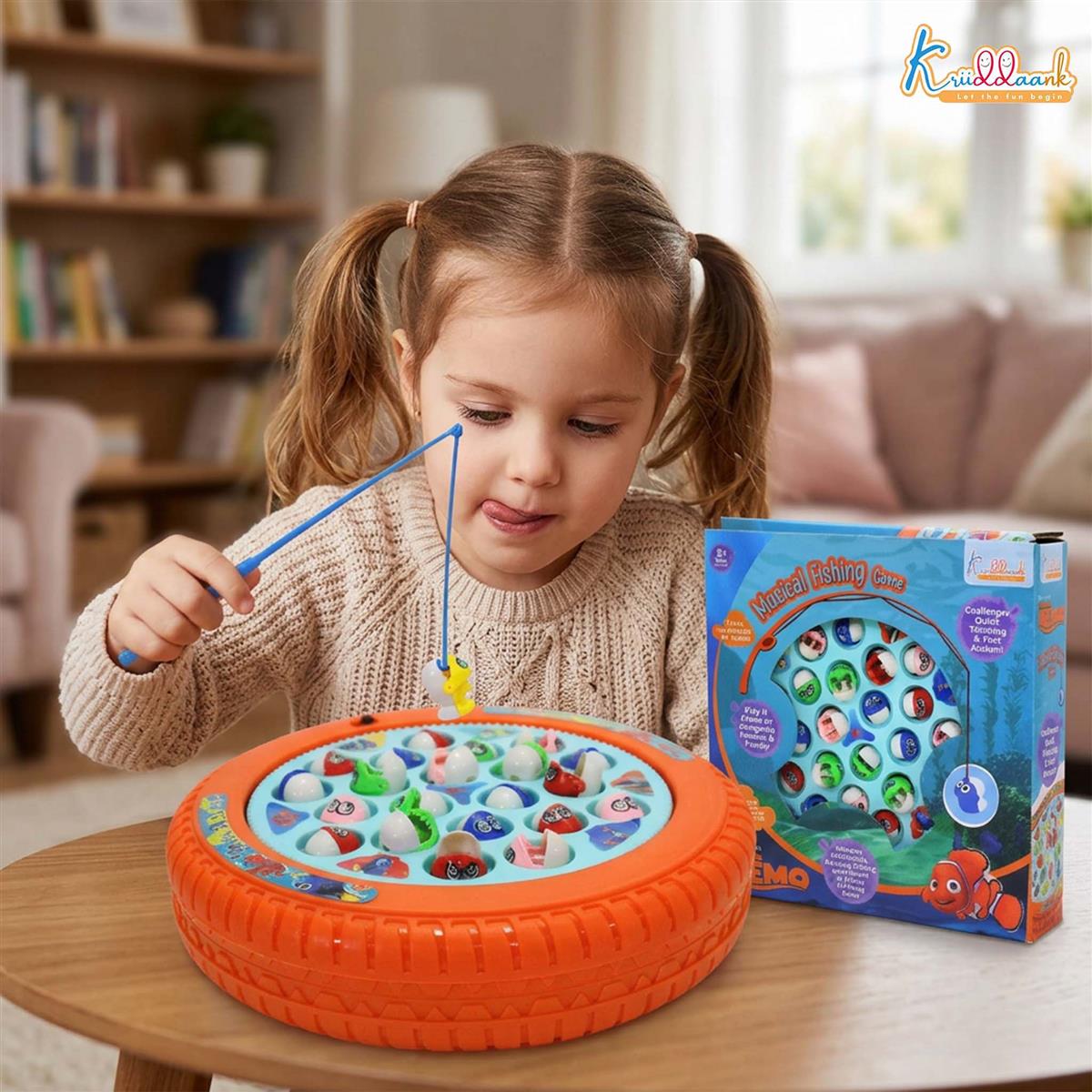 Kriiddaank Nemo Theme Musical Fishing Game - Battery Operated Rotating Board with 21 Fishes & 4 Fishing Poles - Educational & Interactive Learning Toy for Kids Ages 3+ (Multicolor)