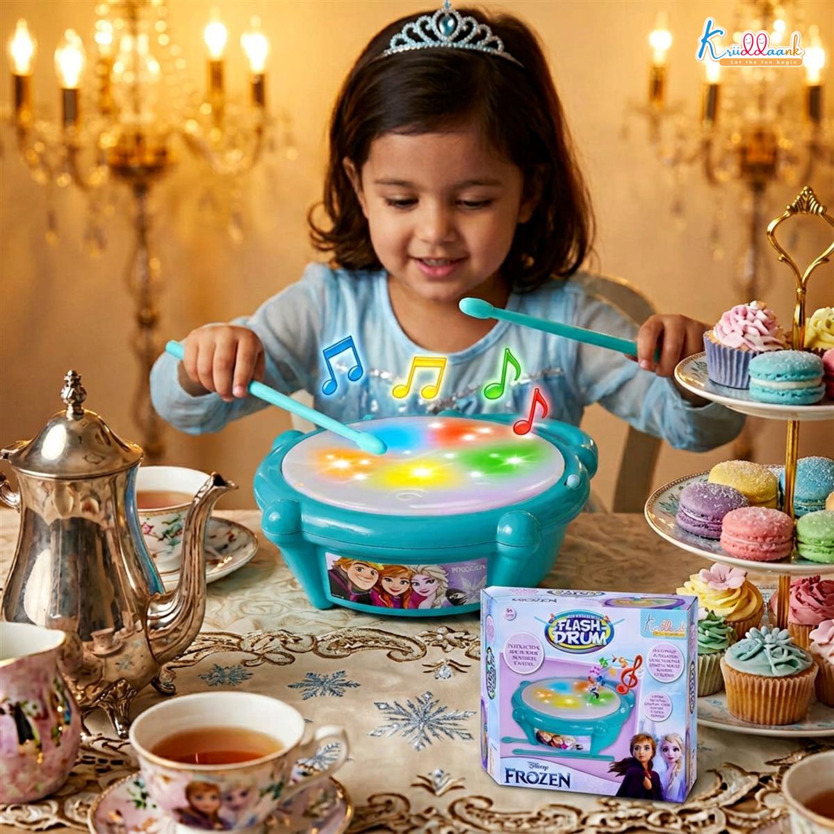 Frozen Elsa & Anna Flash Drum Toy for Toddlers - Battery Operated Musical Instrument with 3D 5-Color LED Lights & 9 Songs - Interactive Educational Toy for Kids Age 3+ Years