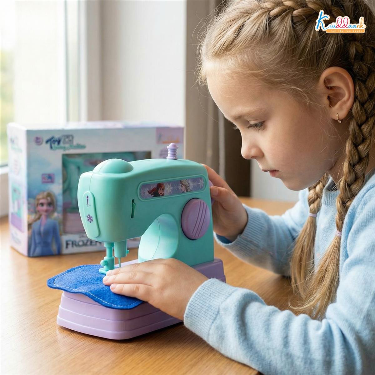 Kriiddaank Frozen Theme Mini Sewing Machine Toy for Kids - Battery Operated Pretend Play Home Appliance with Interactive Buttons, Educational Role Play Toy for Girls Ages 3+, Turkish Blue