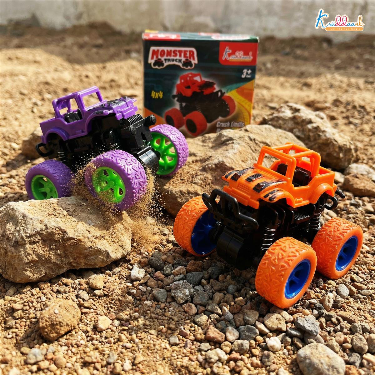 Kriddaank Pack of 2 4x4 Monster Truck for Kids - Friction Powered Stunt Cars with 360Â° Spin Action - 4WD Push and Go Toy Vehicles for Toddlers, Boys & Girls Aged 3-7 Years (Multicolor)