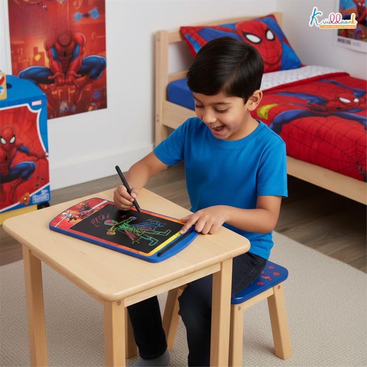 Kriiddaank 10.5 Inch Spiderman LCD Writing Tablet, Electronic Drawing Pad & Travel Slate for Kids, Rewritable Doodle Board, Birthday Gift for Boys Aged 3-9 Years, Blue Spiderman Theme