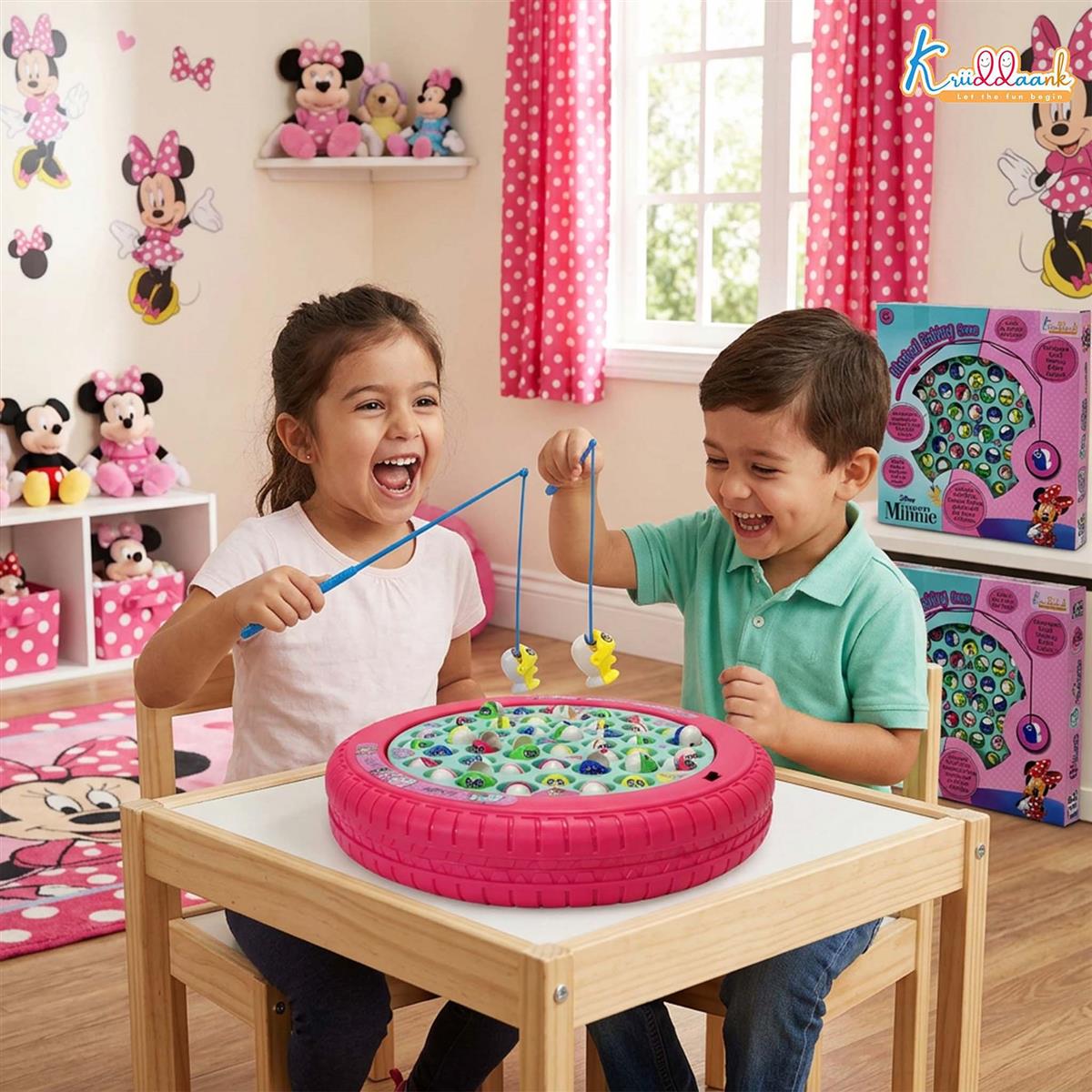 Minnie Musical Fishing Game - Electronic Rotating Board with 45 Fishes & 4 Poles, Ocean Theme Battery Operated Toy, Educational Pink Fishing Game for Kids & Toddlers, Ages 3+