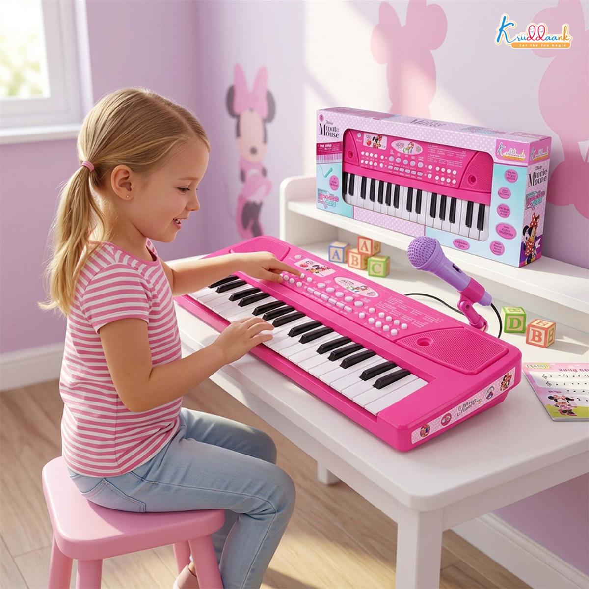 Minnie Keyboard Piano for Kids - 37 Keys Musical Toy with Microphone, 8 Rhythms, 8 Tones & USB Power - Educational Learning Instrument & Gift for Girls Ages 3+ (Pink)