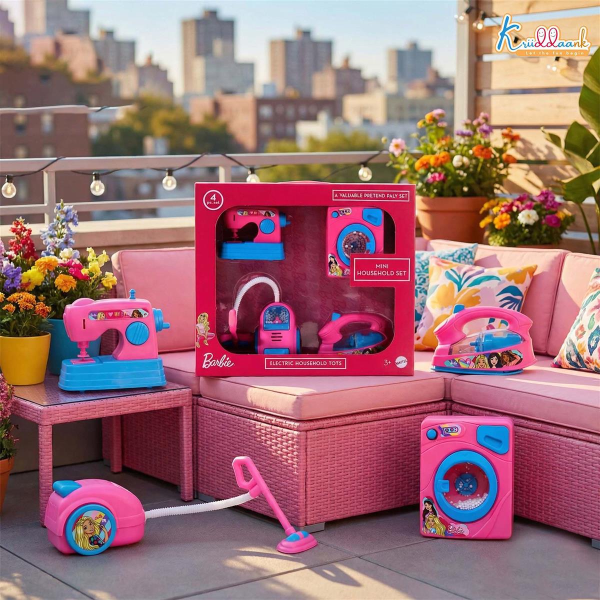 Mattel Barbie Theme Household 4pc Role Play Set - Includes Mini Washing Machine, Vacuum Cleaner, Iron & Hair Dryer - Battery Operated with Lights, Educational Toy for Kids Ages 3+ (Pink)