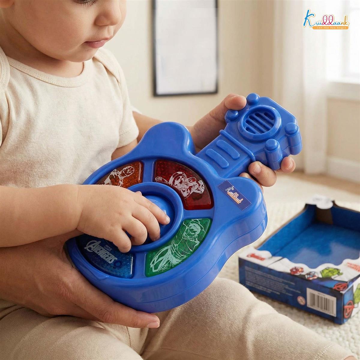 Marvel Avengers Theme Mini Guitar Music Set for Kids - Pocket Sized Musical Toy with 4 Interactive Sound Buttons & Lights, Educational Superhero Toy for Boys & Girls Ages 3+, Red & Durable