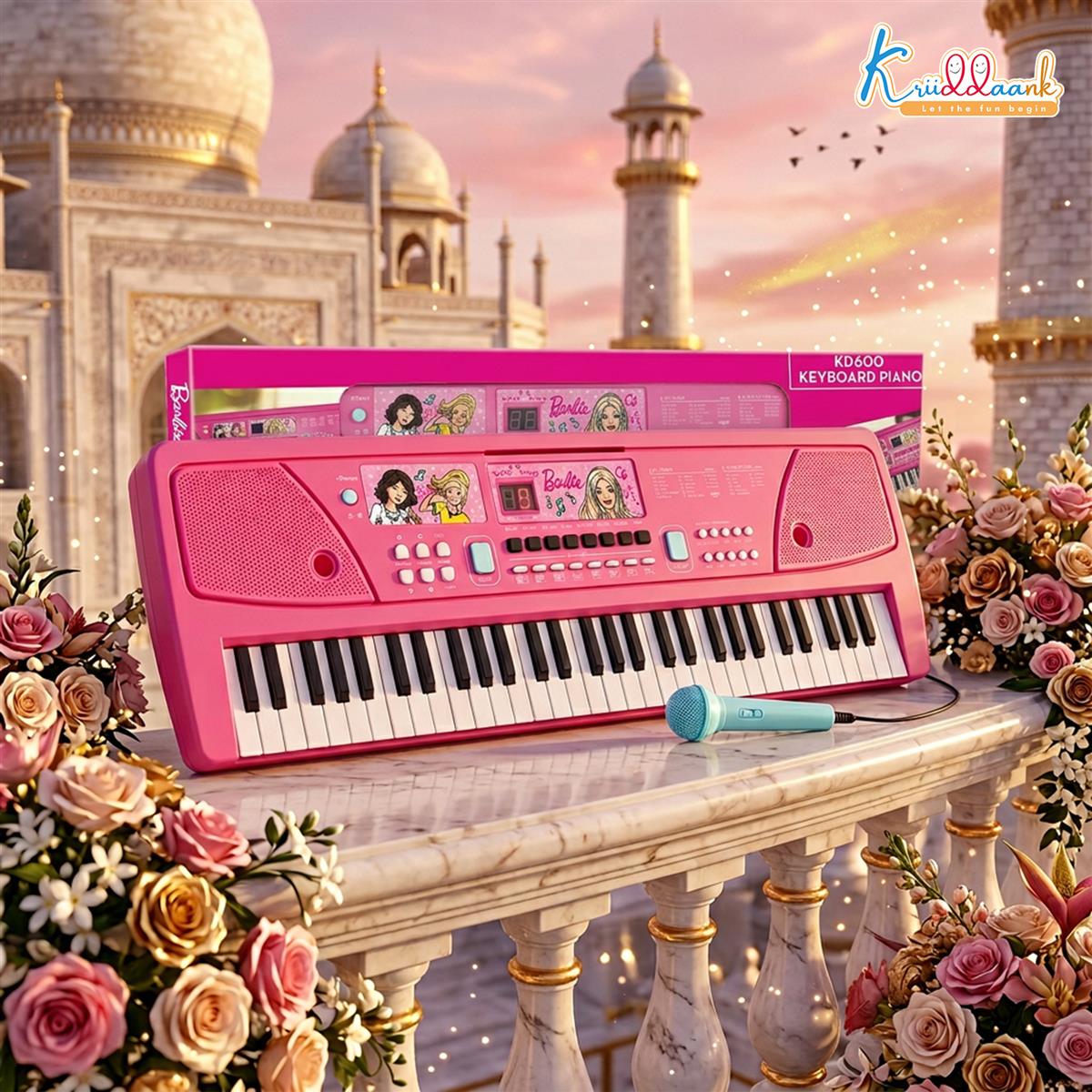 Barbie Kids Keyboard Piano - 61 Key Digital Electronic Organ for Girls with Microphone, 16 Instrument Sounds, 10 Rhythms, Dual Power (USB/Battery), Musical Educational Toy for Ages 3+ (Pink)