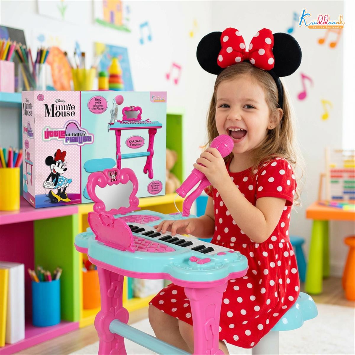 Minnie Mouse Little Pianist Keyboard for Girls â€“ Musical Toy with Microphone, Stool & Dress-Up Accessories â€“ 25 Inbuilt Tunes, Karaoke Mode, Battery/USB Powered â€“ Educational Gift for Kids 3+ Years