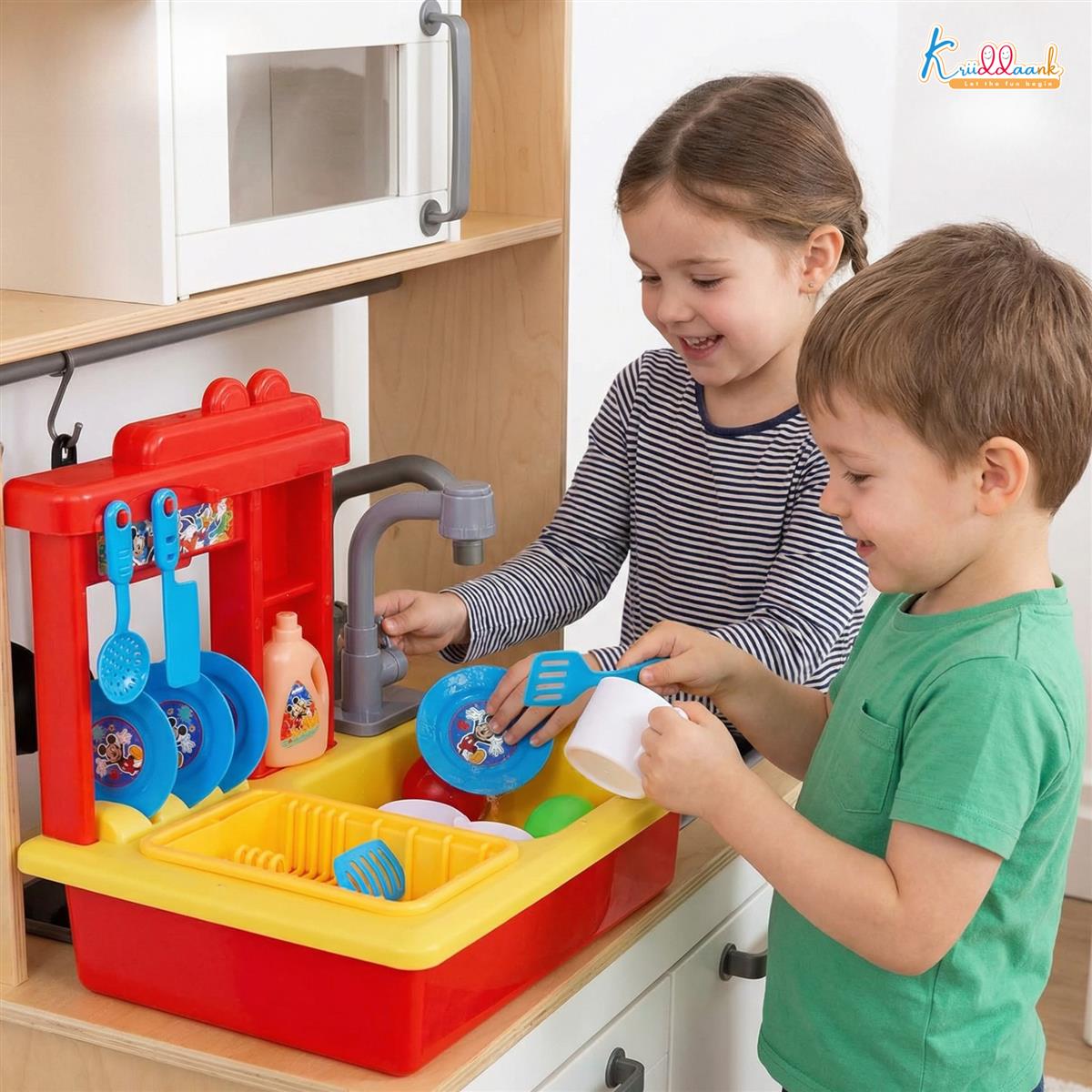 Kriiddaank Mickey Toy Kitchen Sink - 22 Pc Pretend Play Kitchen Set with Electric Running Water Faucet, Automatic Water Recycling System & Dishes - Disney Mickey Theme Role Play Toy for Kids 3+