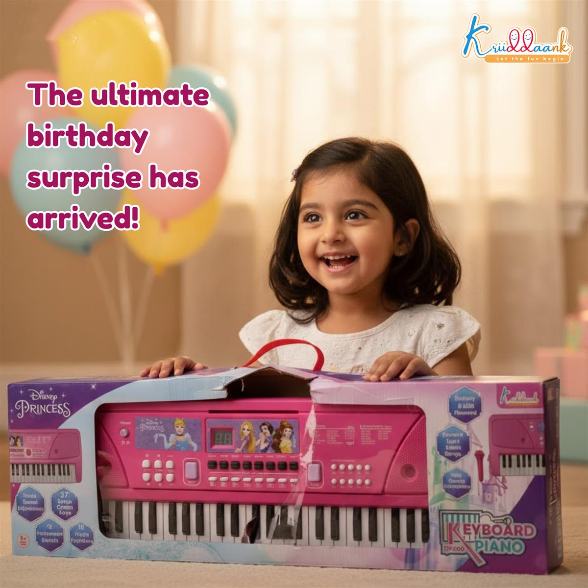 Disney Princess Keyboard Piano for Kids - 37 Keys Portable Musical Toy with Microphone, 16 Instrument Sounds & 10 Rhythms - Educational Learning Gift for Girls Toddlers 3+ Years (Pink)