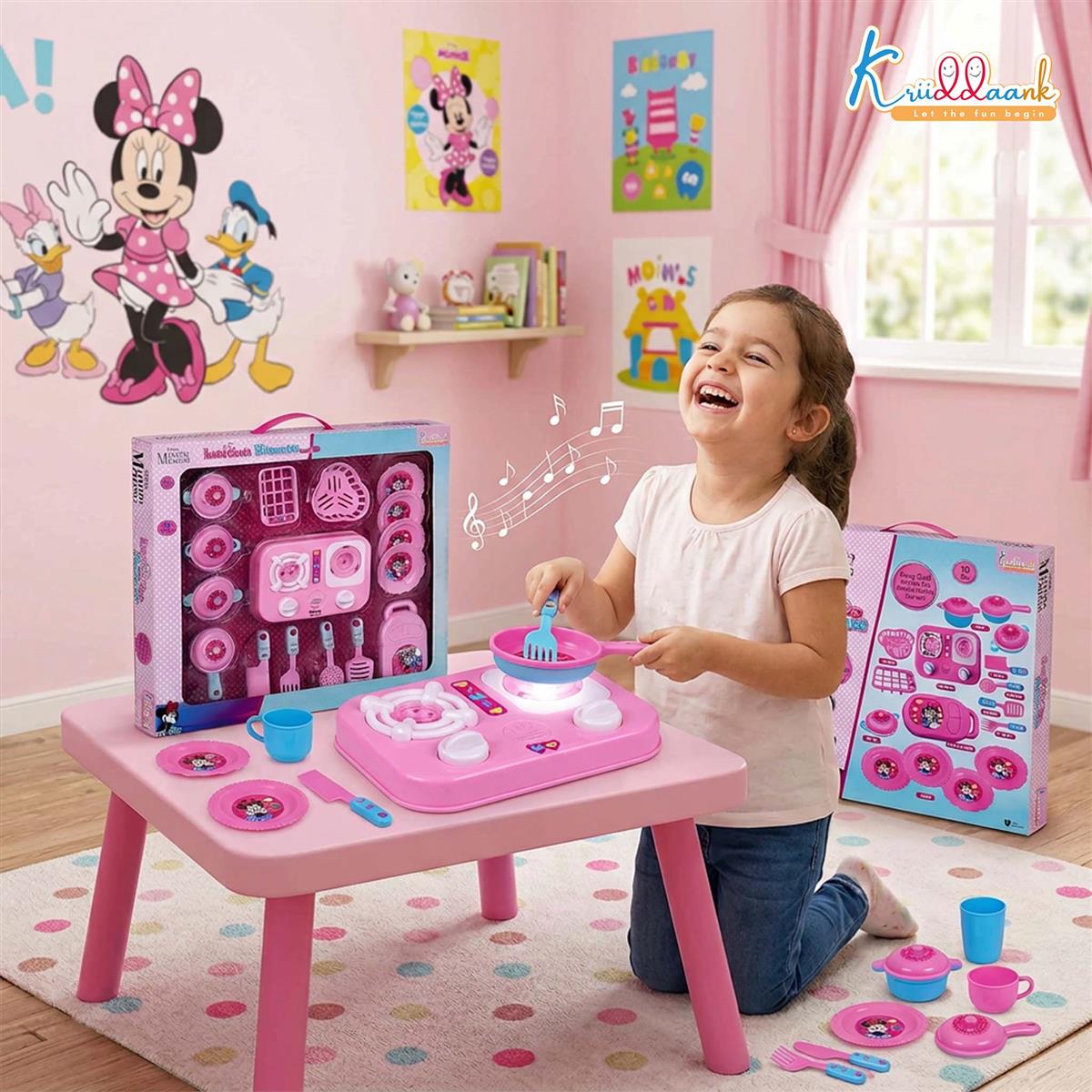 Kriiddaank Minnie Mouse Theme Little Chef's Kitchen Set for Girls - 16 Pcs Pretend Play Cooking Toy with Lights & Sound Effects, Portable Interactive Kitchen Playset for Kids Age 3+ Years (Pink)