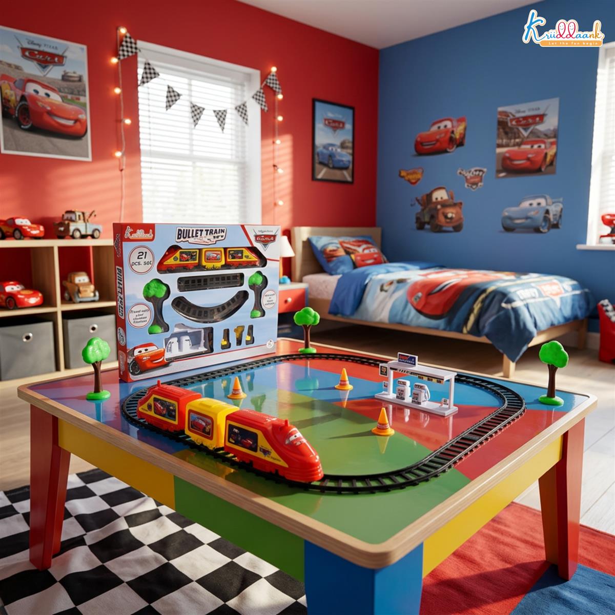 Kriiddaank Disney Pixar Cars Electric Bullet Train Set - Lightning McQueen & Friends Theme, Diecast Metal Miniature Realistic Railway Playset, Battery Operated Toy for Kids 3+ (Multicolor)