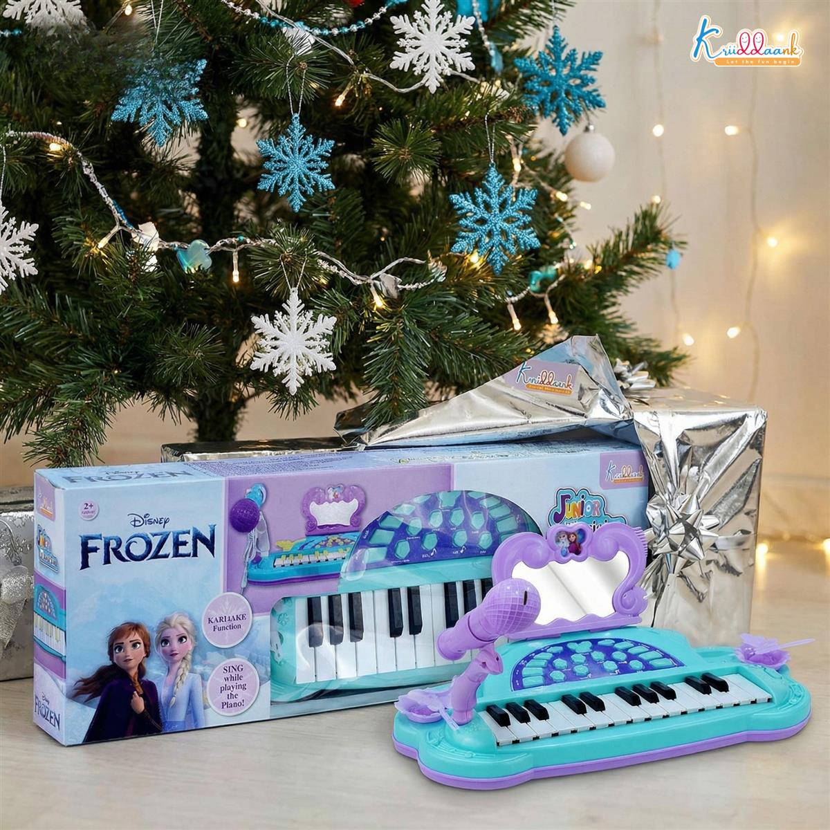Frozen Junior Musician Elsa-Anna Music Set - Kids Piano with Microphone, Karaoke Function, 25 Songs & 5 Percussion Instruments, Dual Power (USB/Battery), Educational Toy for Girls Ages 3+, Blue