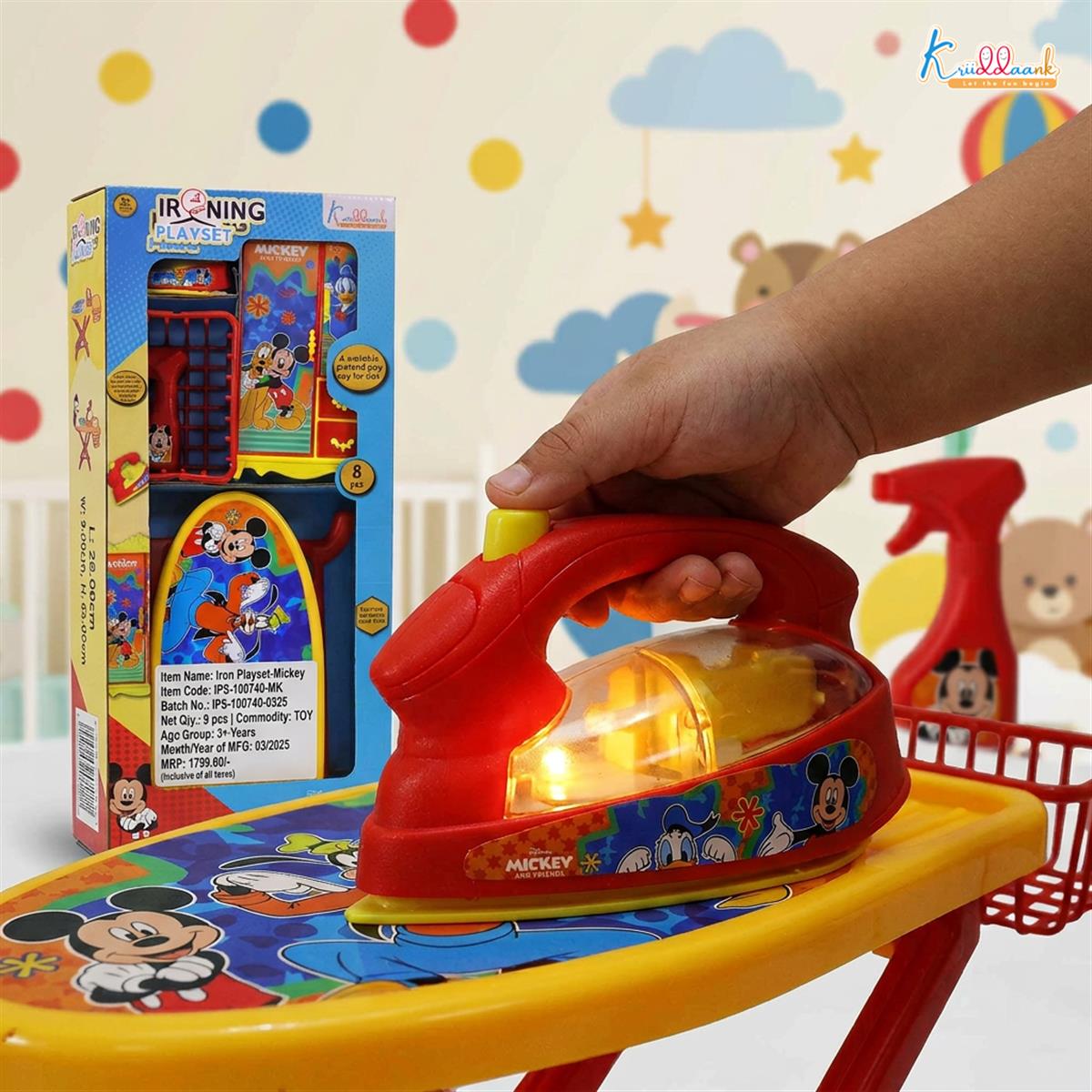 Disney Mickey Mouse Ironing Playset for Kids - 8-Piece Portable Toy Set with Light & Sound Iron, Ironing Stand, Cupboard, Water Spray & Basket - Fun Educational Pretend Play Gift for Ages 3+