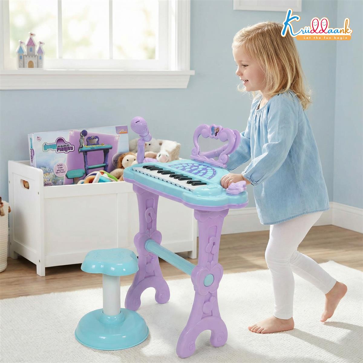 Frozen-Themed Little Pianist Keyboard with Microphone & Stool - 25 Built-in Tunes, Karaoke Function, MP3 Connectivity - Educational Musical Toy for Girls & Toddlers Age 3+ (Turkish Blue)