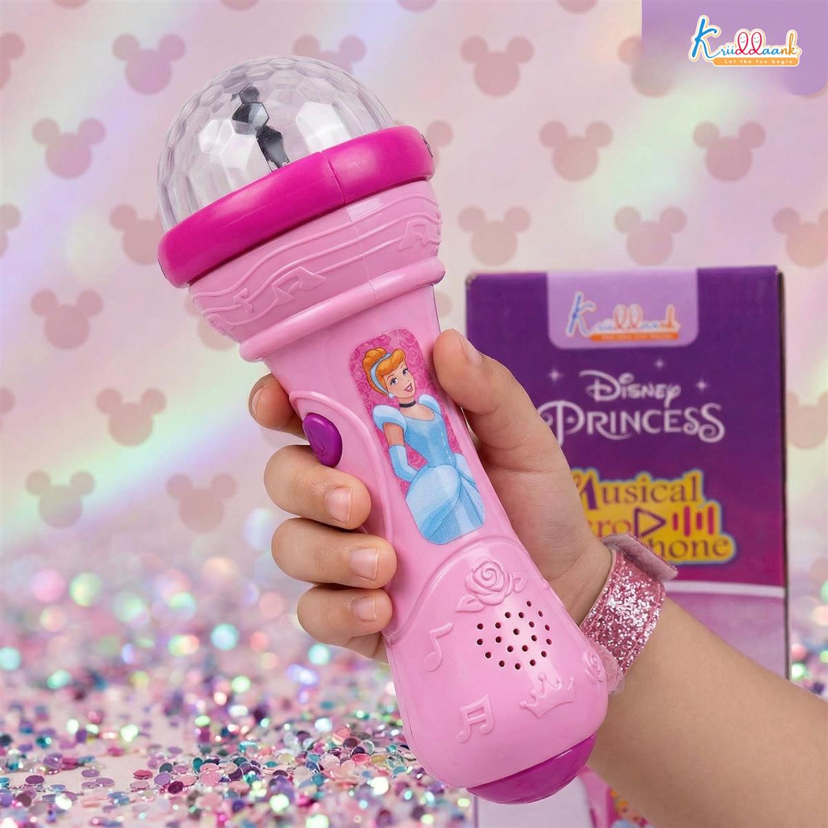 Kriiddaank Disney Princess Musical Microphone for Kids - Pink Karaoke Singing Mic with Rotating Disco Lights & Projector, Interactive Sound Toy for Girls 3+ Years, Ideal Birthday Gift
