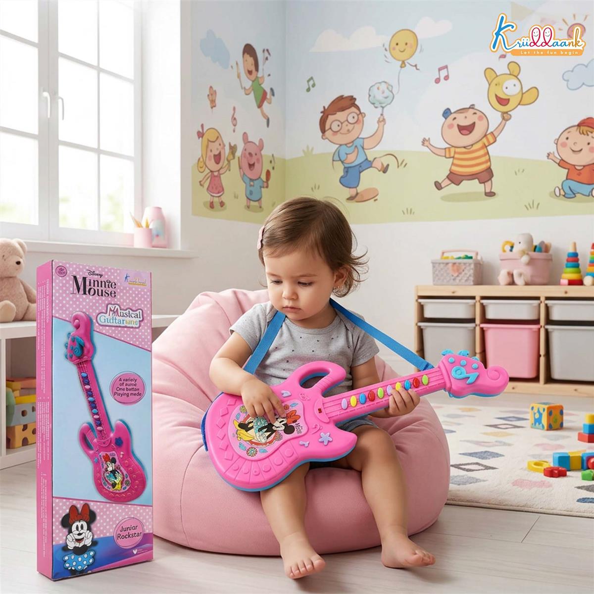 Minnie Musical Guitar for Toddlers - Pink Sing-Along Karaoke Junior Music Toy with Inbuilt Tones & Lights - Educational Role Play Rockstar Guitar Gift for Kids 3+ Years Old