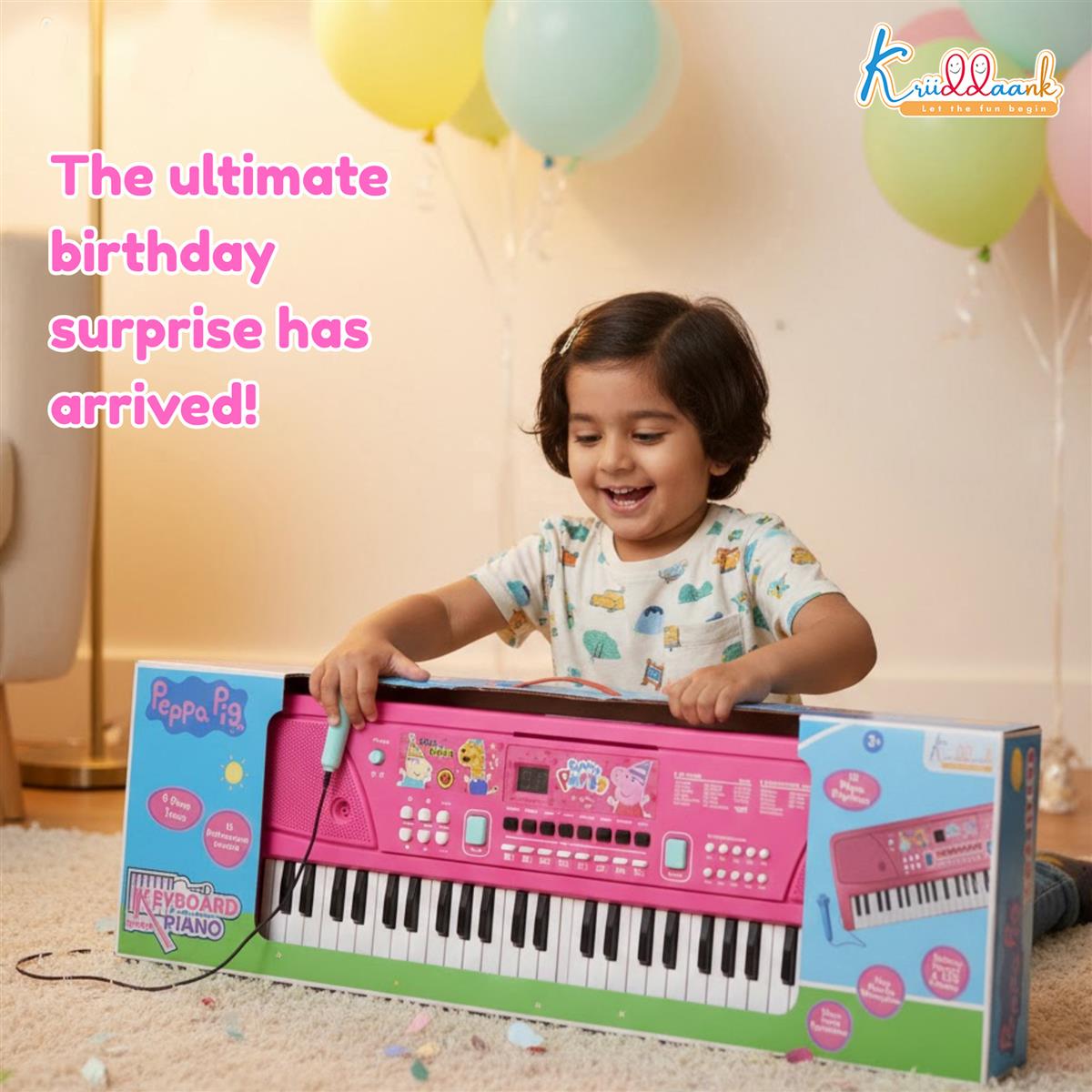 Hasbro Peppa Pig 37-Key Musical Keyboard with Microphone, 16 Instrument Sounds & 10 Rhythms - Educational Piano Toy for Toddlers & Kids, USB/Battery Powered, Pink - Ideal Birthday Gift for Ages 3+