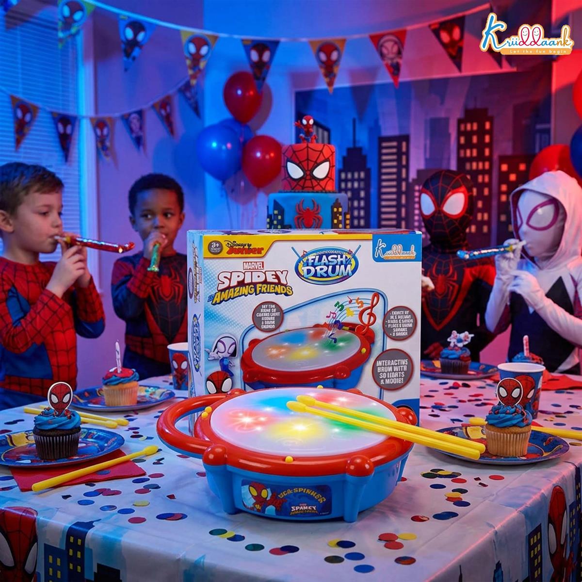Marvel Spiderman Theme Flash Drum for Kids - Interactive Musical Toy with 5-Color 3D Lights & 9 Songs - Superhero Gift for Boys & Girls 3+ Years - Safe, Educational & Engaging Play
