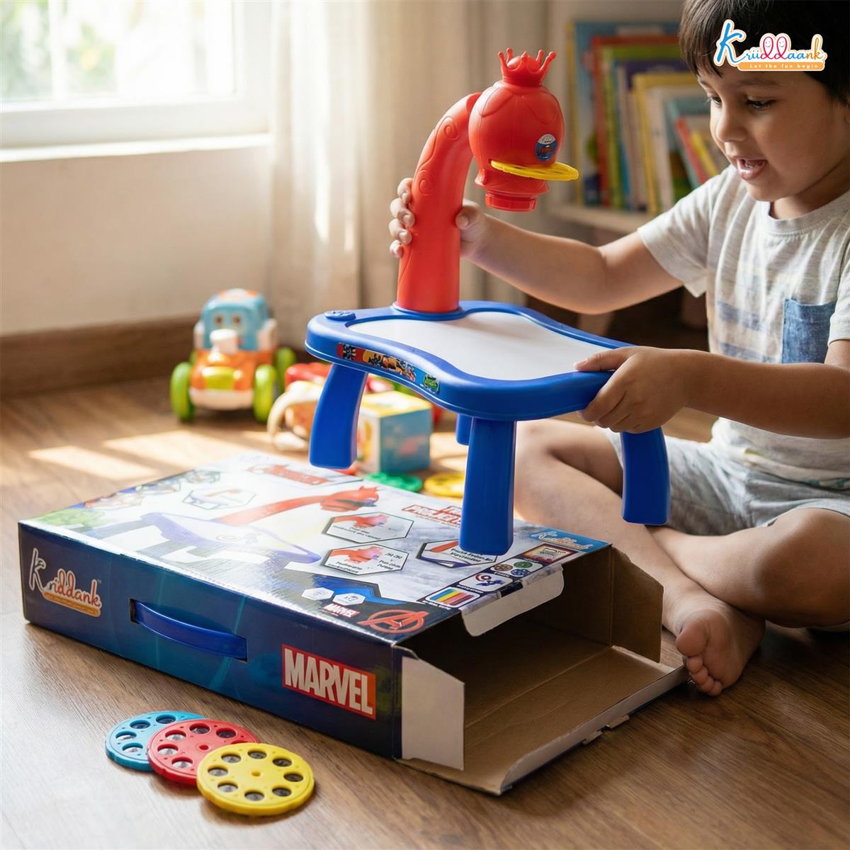 Kriiddaank Avengers Tracing Projector Drawing Set for Kids - Art & Craft Learning Kit with 24 Patterns, 3 Slides & Adjustable Focus - Erasable Drawing Board, Educational Toy for Ages 3+