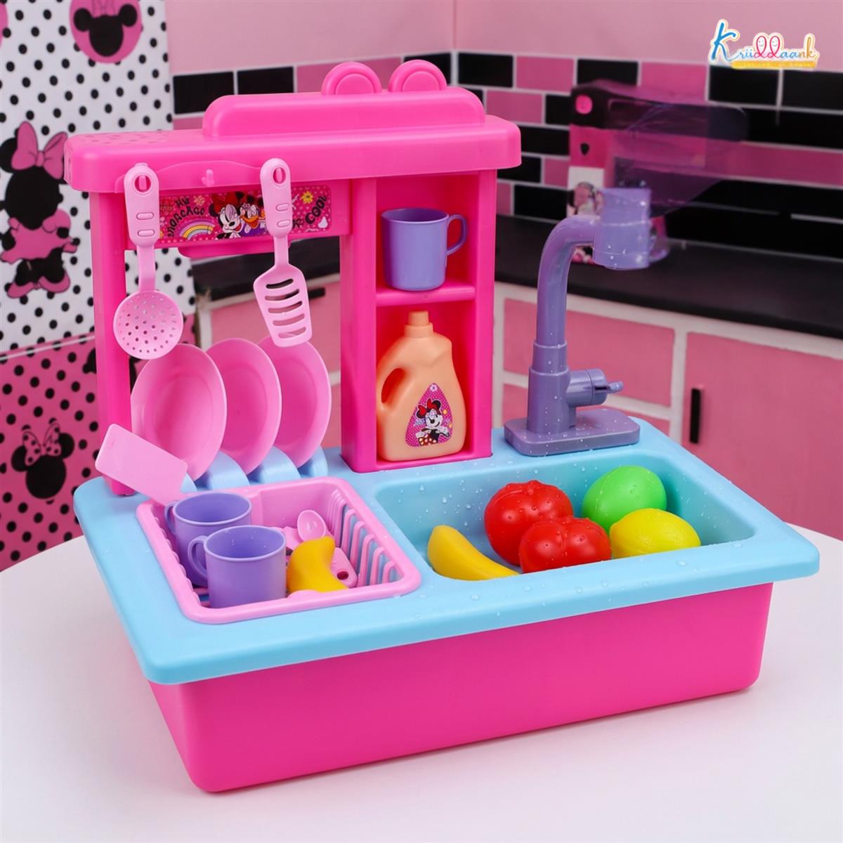 Kriiddaank Minnie Toy Kitchen Sink for Kids - Pretend Play Sink with Electric Faucet & Running Water, 22-Piece Kitchen Accessories Set, Pink Role Play Toy Set for Toddlers and Girls 3+ Years