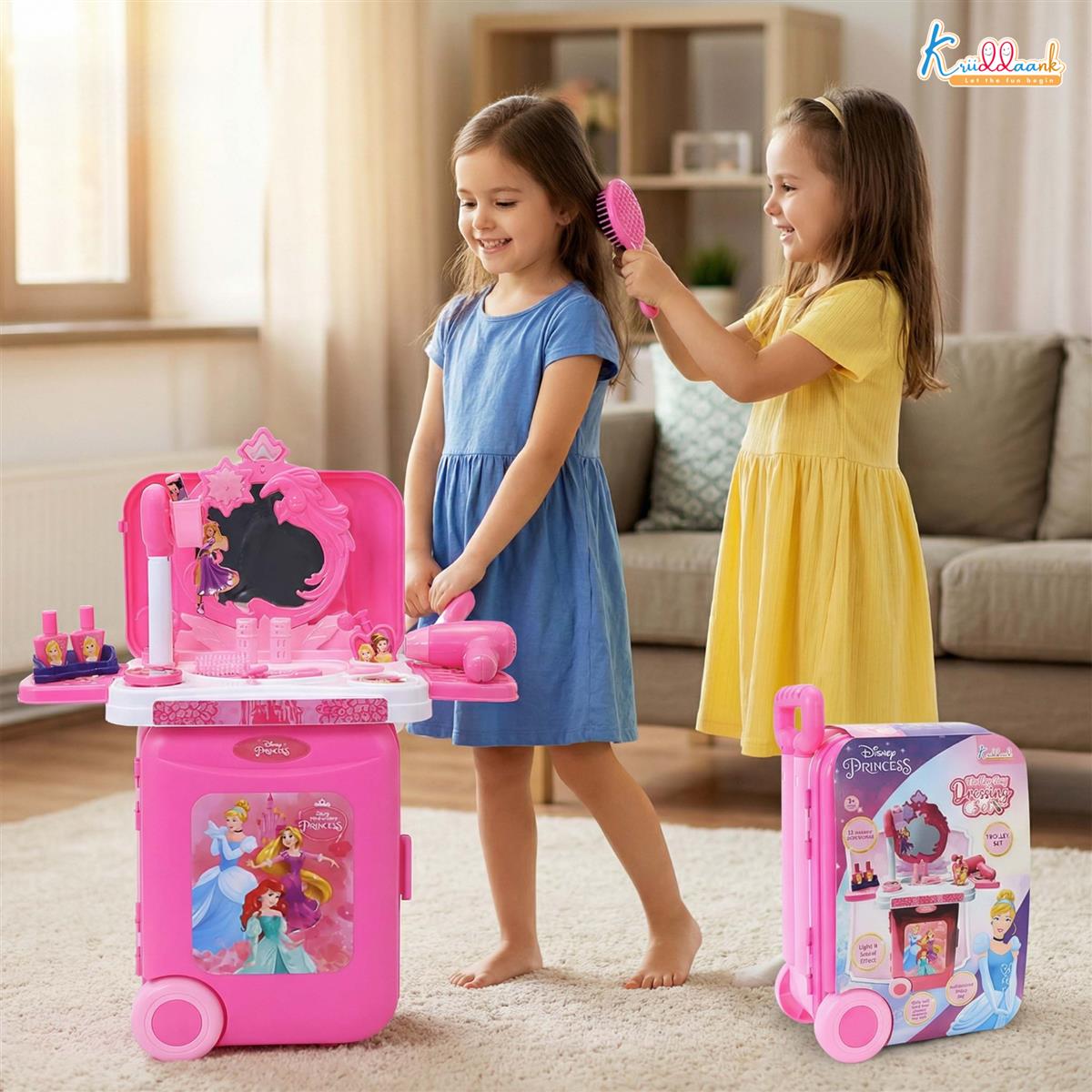 Kriiddaank Disney Princess Dressing Set & Beauty Makeup Kit with Trolley for Girls - 15 Pcs Pretend Play Toy with Music, Lights & Sound - Safe, Interactive Styling Kit for Kids Ages 3+