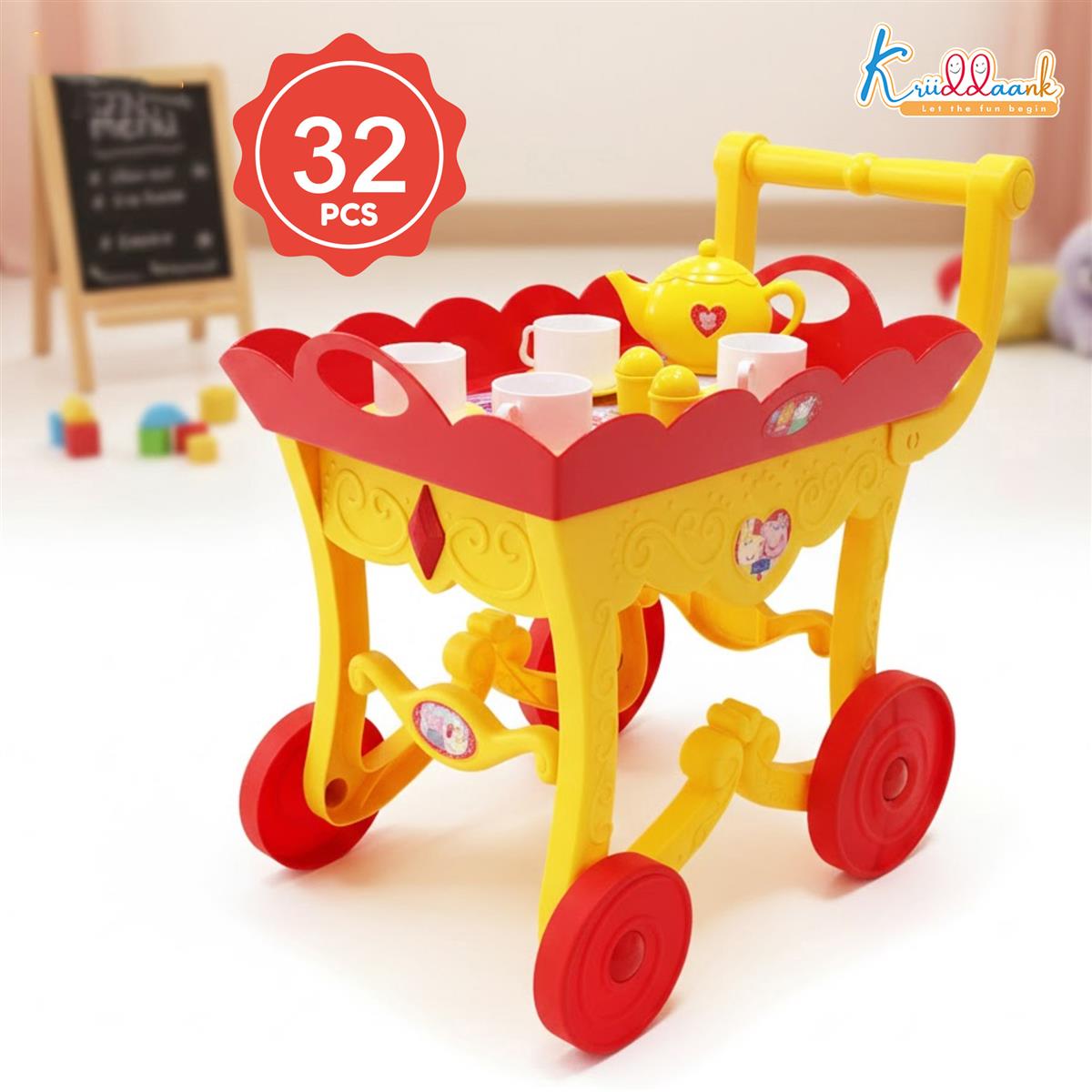 Hasbro Peppa Pig Tea Trolley Set - 32 Pcs Pretend Play Kitchen Toy with Electronic Kettle, Lights & Sound - Interactive Pink Tea Cart, Educational Gift for Kids & Toddlers Age 3+