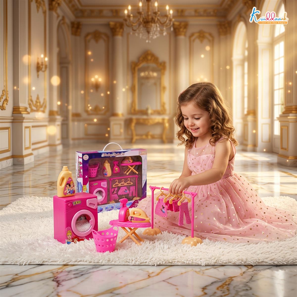 Kriiddaank Disney Princess Theme Washing Machine Toy for Toddlers, 15-Piece Pretend Play Laundry Set with Ironing Table & Accessories, Musical Interactive Toy for Kids 3+ Years (Pink)
