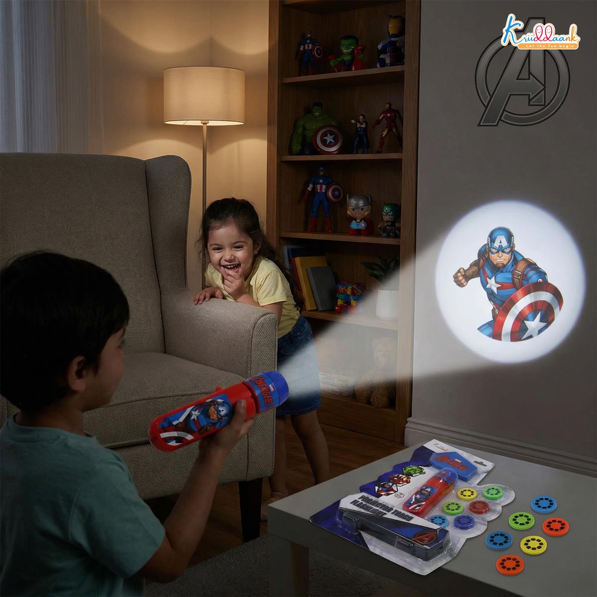 Marvel Avengers Projector Torch - Handheld Battery Operated LED Flashlight for Kids, Includes 3 Character Slides with 24 Patterns, Creative Drawing & Tracing Set with Stencils and Markers, Red