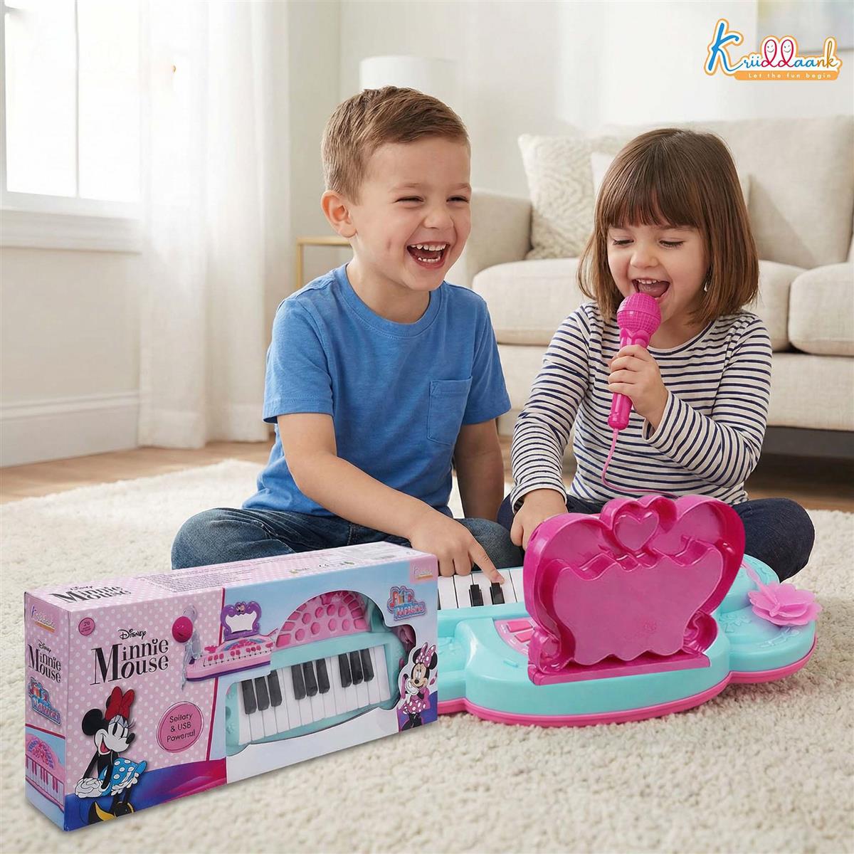 Minnie Theme Musician Music Set - 25 Key Piano with Microphone & Karaoke Function, 5 Percussion Instruments, Sound Effects & MP3 Connection, Educational Musical Toy for Girls 3+ Years, Pink