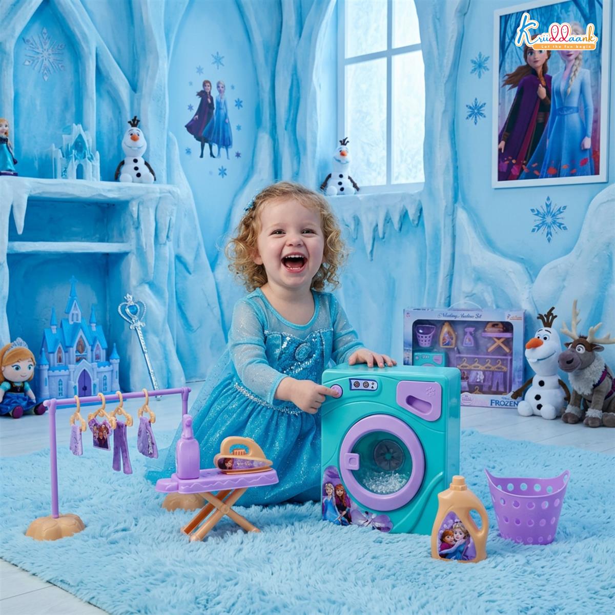 Kriiddaank Frozen Theme Washing Machine Toy Set for Kids - 11-Piece Interactive Disney Magic Home Appliances Pretend Play for Toddlers - Music & Educational Role Play Laundry Set - Ages 3+
