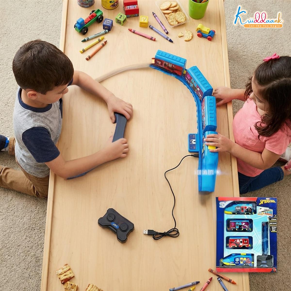 Kriiddaank Spiderman Theme RC Train Toy for Kids, Remote Control Rechargeable EMU Express Train with LED Lights & Realistic Sounds, Superhero Railway Toy for Boys & Girls (Blue)