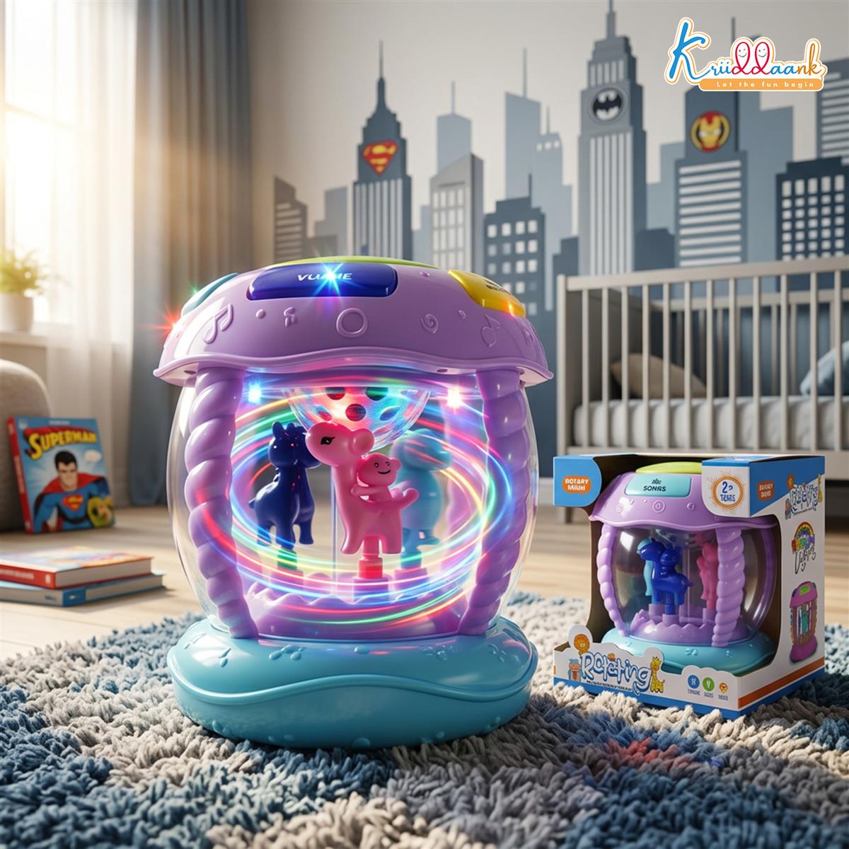 Kriiddaank Rotating Drum Musical Toy for Kids 3+ Years - Interactive Musical Instrument with Nursery Rhymes, Projection Lights, USB Charging, & Motor Skill Development - Multicolor