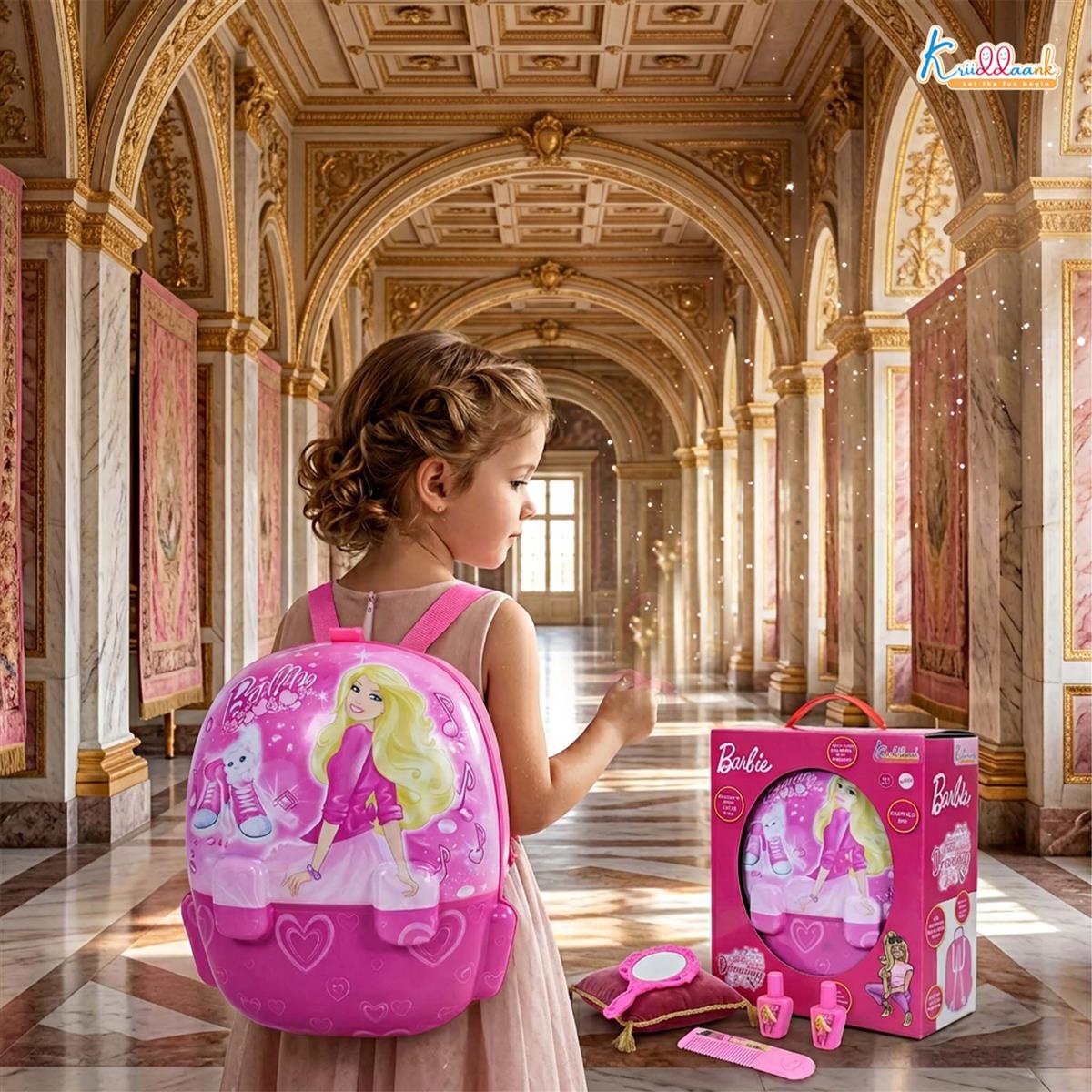 Barbie Backpack Dressing Gift Set for Kids - 2-in-1 Portable Pretend Play Makeup & Vanity Set with Electronic Dryer, 13+ Accessories, Safe & Durable Educational Toy for Girls Ages 3+