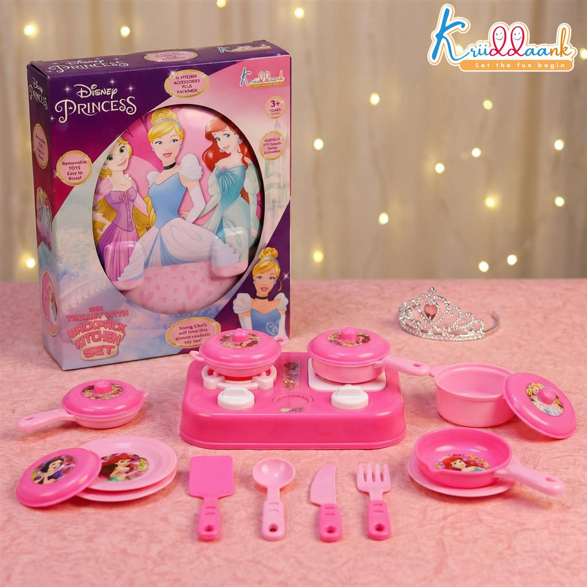 Kriiddaank Princess Backpack Kitchen Set for Kids - 21 Pcs Pretend Play Cooking Toy with Music, Portable Travel Carry Case Playset for Girls 3+ Years Old (Pink, Non-Electric)
