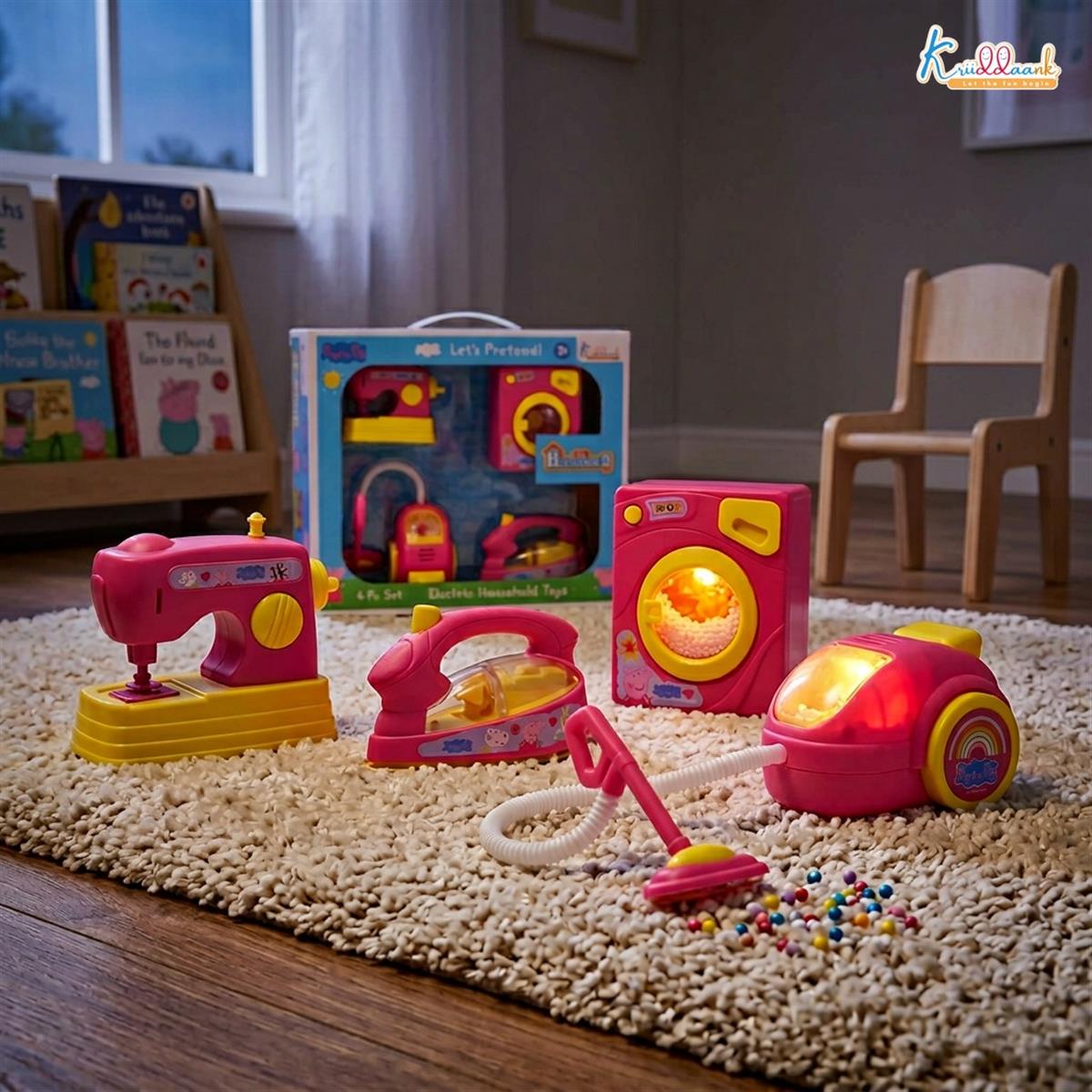 Hasbro Peppa Pig Theme Household 4-Piece Role Play Set - Toy Washing Machine, Vacuum Cleaner, Iron & Hair Dryer with Lights - Educational Pretend Play Gift for Kids Ages 3+
