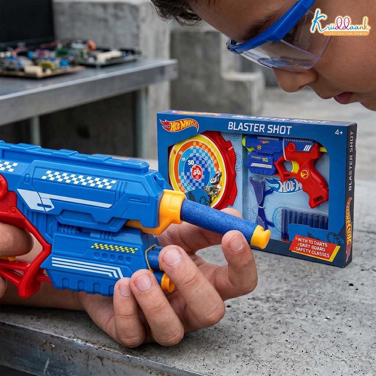 Hot Wheels Blaster Gun Toy for Kids - Soft Bullet Foam Blaster with 10 Darts, Target Board & Safety Glasses - Action Shooting Game Toy for Boys & Girls Age 4+ (Blue)